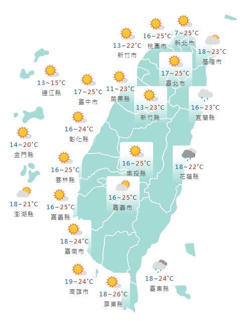 氣象署公布各地天氣預報概況。 圖：氣象署提供
