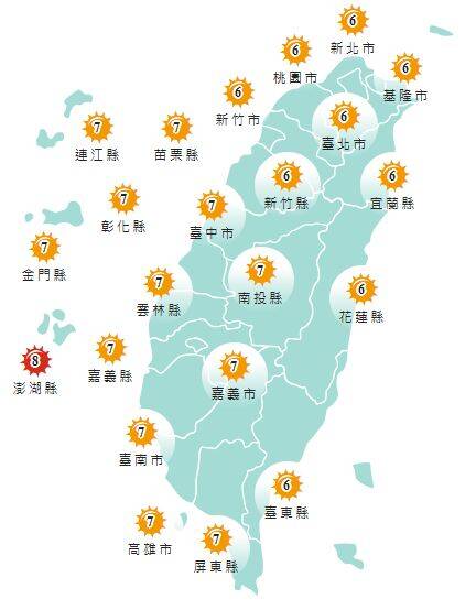 氣象署發布各地紫外線指數預報概況。 圖：氣象署提供