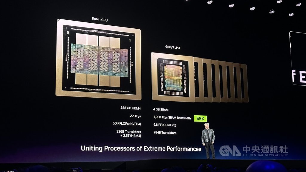 輝達執行長黃仁勳在GTC大會公布新推論晶片NVIDIA Groq 3 LPU。中央社記者張欣瑜聖荷西攝　115年3月17日 圖：中央社提供