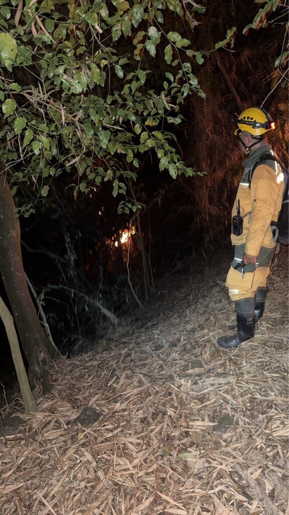 高雄市政府美濃區廣福街15日發生雜草火警，現場為竹林燃燒，高雄市政府消防局派遣人車前往搶救，並出動空拍機輔助救災，目前火勢已熄滅，無人員受傷。（高雄市政府消防局提供）中央社記者張已亷傳真　115年3月17日