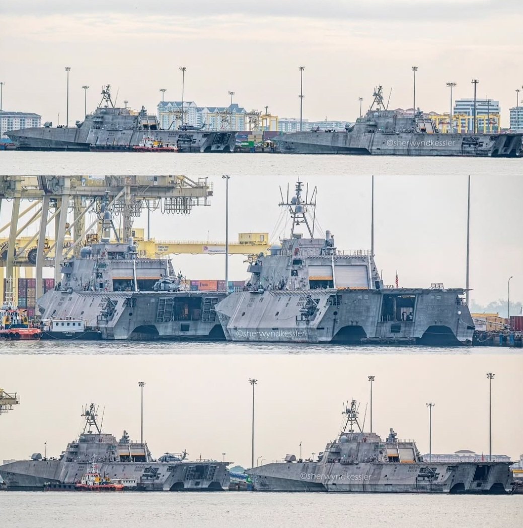 美國海軍派駐巴林第五艦隊配備掃雷模組、執行波斯灣反水雷任務的獨立級濱海戰鬥艦「土爾沙號（LCS-16）」及「聖塔芭芭拉號（LCS-32）」，3月15日被發現停靠馬來西亞檳城港口。 圖：翻攝「X」@polietzz