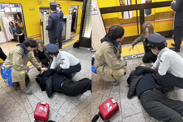 桃園市消防局龍潭分隊2名消防員在日本地鐵站熱血救援。 圖：翻攝自桃園市政府消防局龍潭消防分隊臉書
