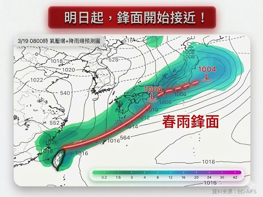 由於北方冷空氣強度不夠強，明日春雨鋒面就掛在北部海面，後天將會再移到東北部外海。 圖：取自林老師氣象站