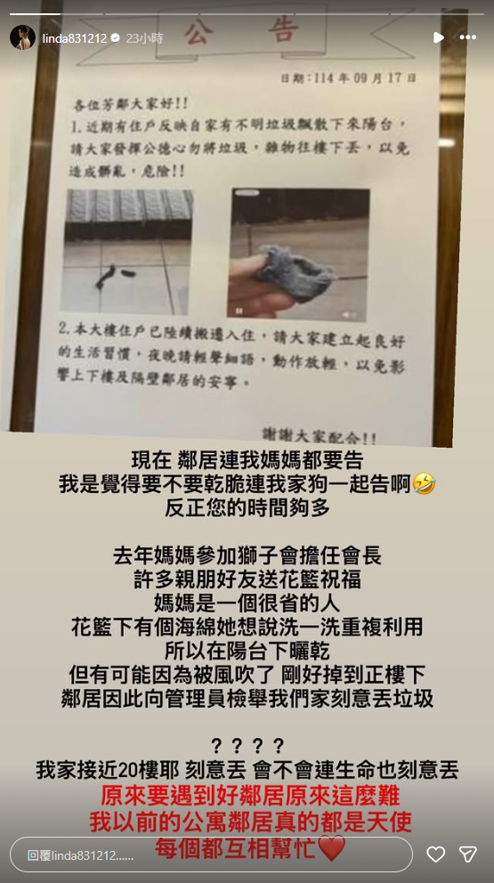 琳妲解釋，由於母親目前擔任獅子會會長，想將親友送的花籃海綿洗淨、重複利用。海綿在陽台曬乾時，疑似被風吹落，掉到正下方的鄰居家，卻遭到鄰居檢舉。 圖：翻攝自琳妲IG