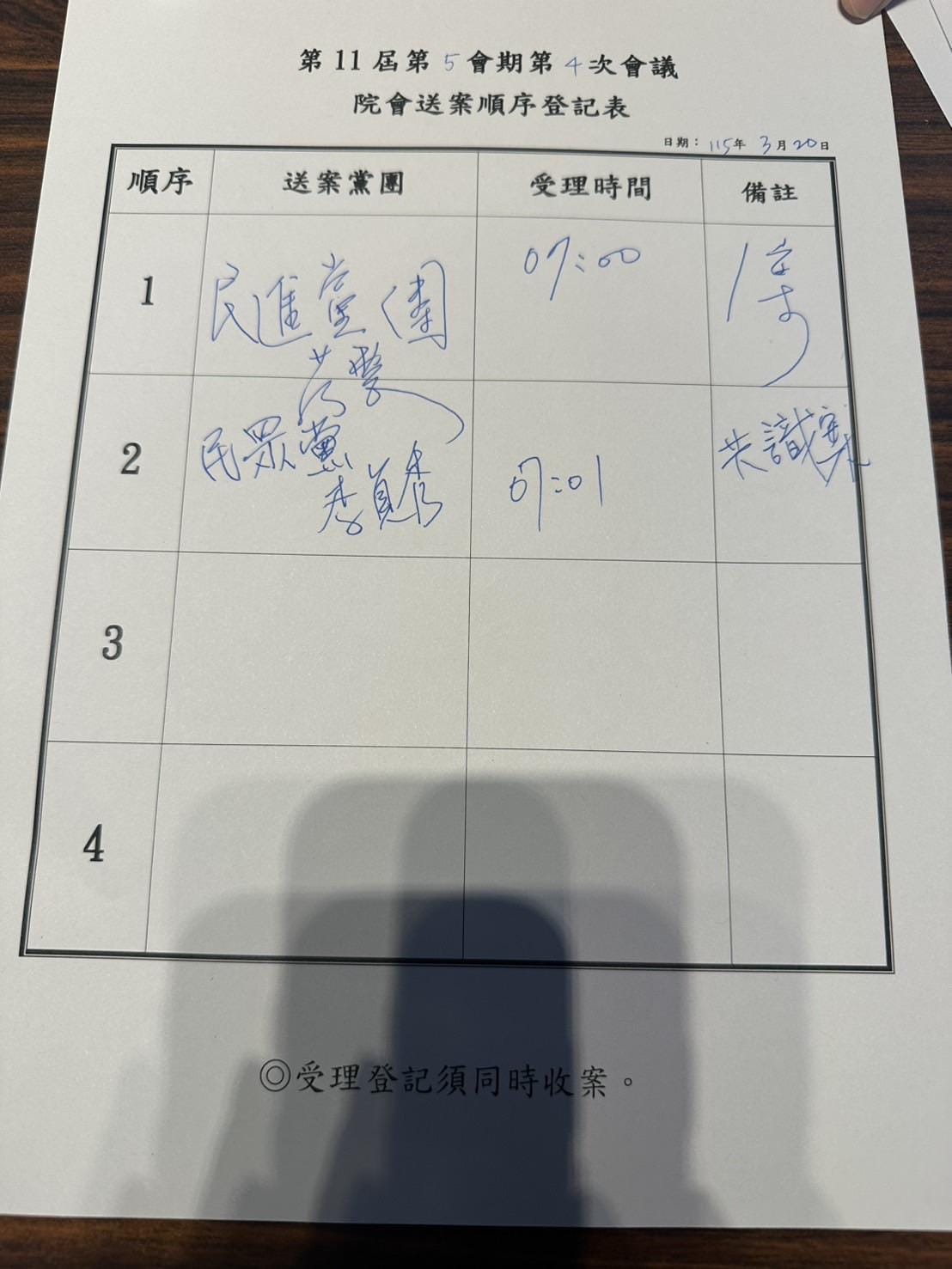 民眾黨立委李貞秀今日遞案鬧出笑話，誤將「共四案」寫成「共識案」。 圖：民進黨團提供