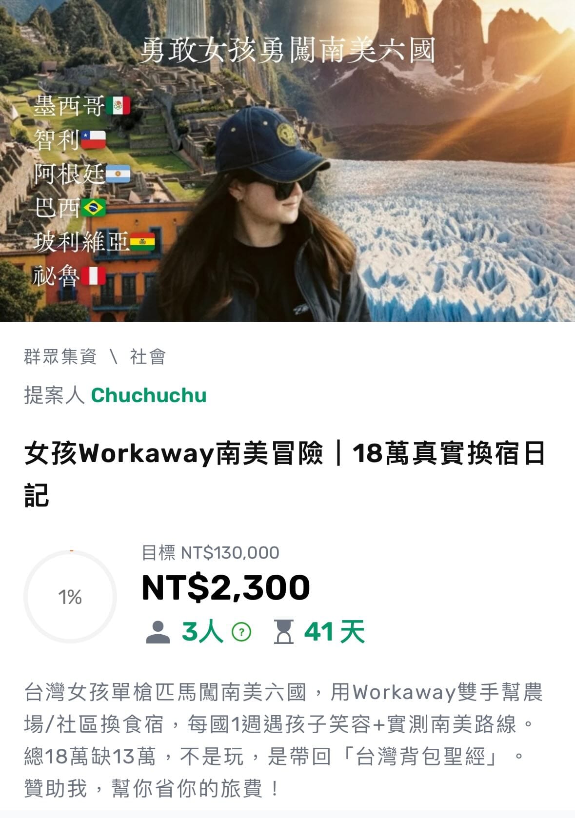 「女孩Wordaway南美冒險」的計畫截至昨晚9時25分，總共有3人共捐款2300元，但目前該貼文已經下架了。 圖：翻攝自嘖嘖募資平台