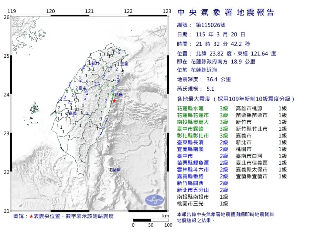 花蓮近海20日晚間9點32分發生規模5.1地震。 圖：氣象署提供