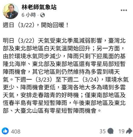 「林老師氣象站」指出，明天起除了氣溫回升外，水氣也將逐日減少，到24日各地大多為晴到多雲天氣，是安排走春踏青的好時機。 圖：取自林老師氣象站