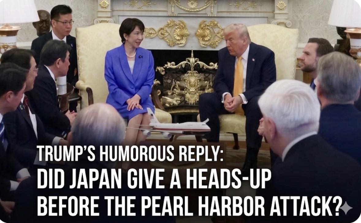 川普日前在白宮會晤日本首相高市早苗，現場有日本記者問及為何美國攻打伊朗未先知會盟友，川普反問：「日本偷襲珍珠港前，有事先告知美國嗎？」 圖：翻攝矢板明夫臉書