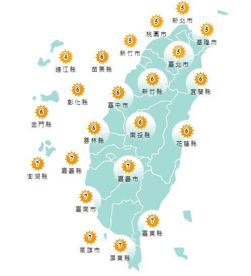 氣象署發布各地紫外線指數預報概況。 圖：氣象署提供