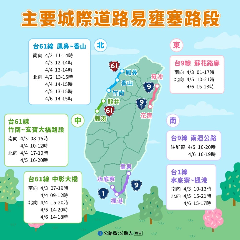 清明連假期間易塞車路段一覽。 圖：公路局／提供