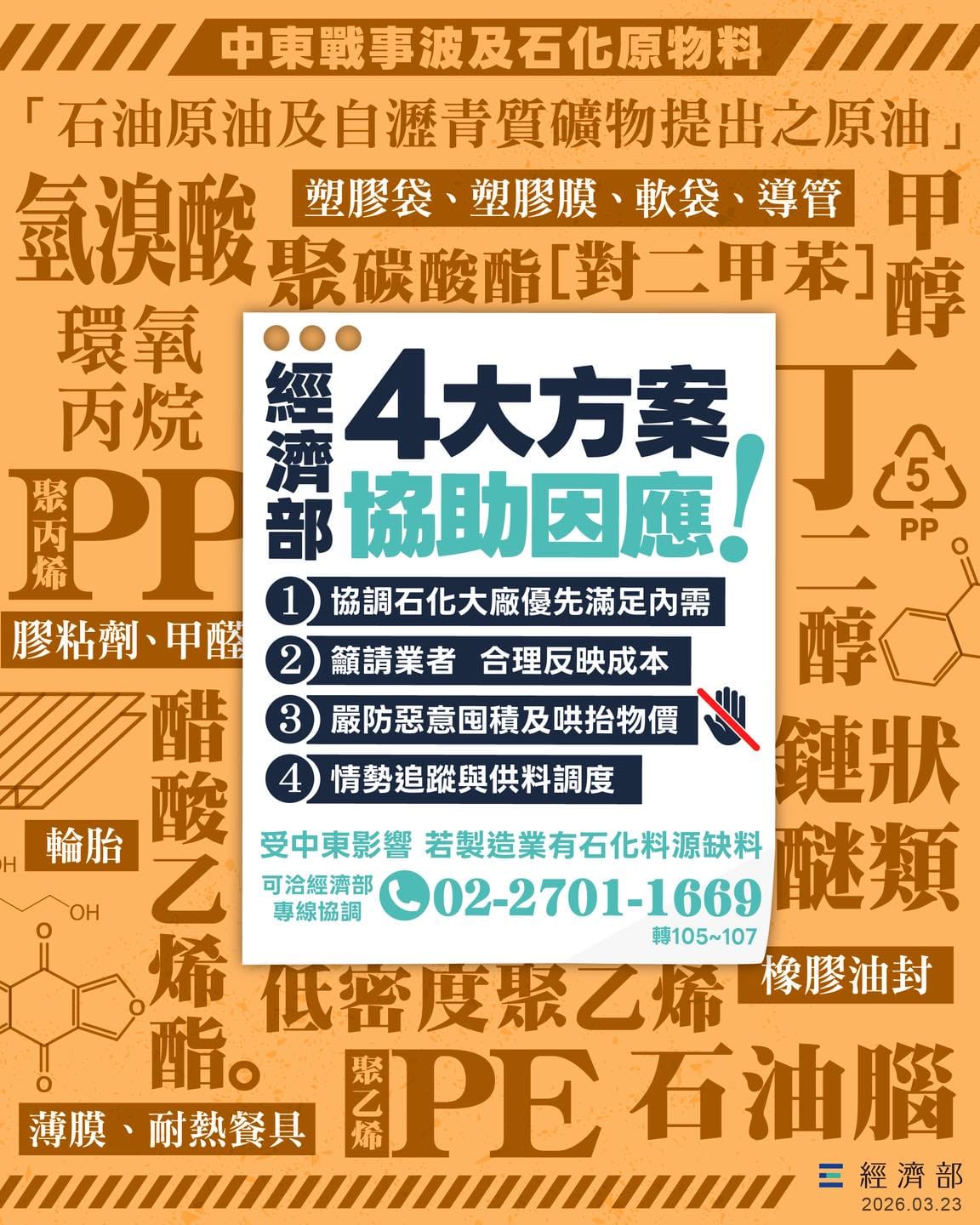 經濟部推動四大措施，穩定氦氣、石化原料及產品供應。 圖：取自經濟部臉書