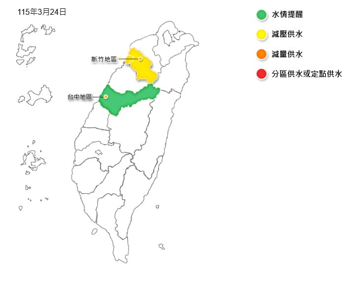 因應枯水期用水，自2026年3月24日起，台中地區轉為水情提醒綠燈。 圖：經濟部水利署提供