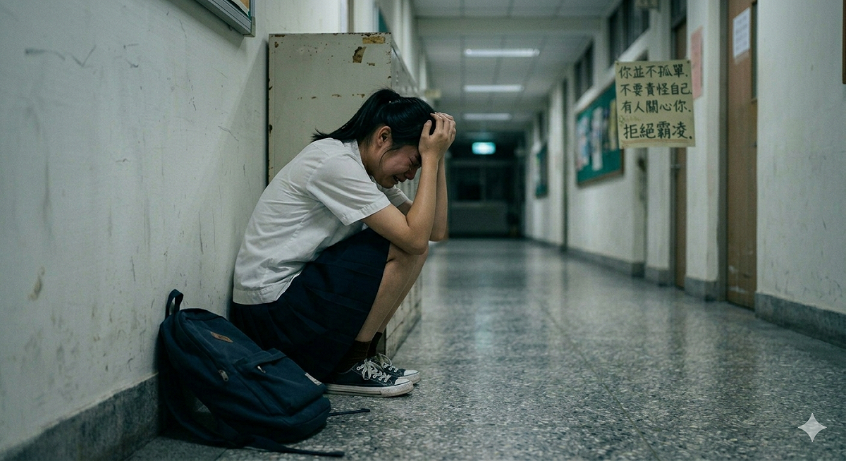 新北市板橋某國中發生霸凌事件，女學生遭3人圍毆，另有2人錄影。 圖：Gemini AI生成 ／張瀞文製