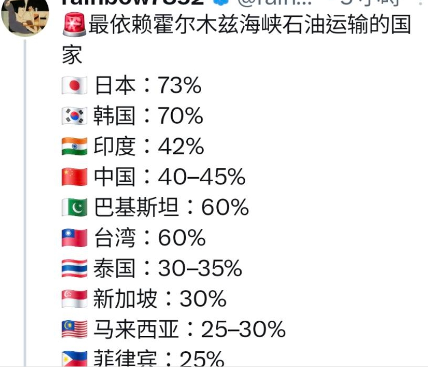 依賴荷姆茲海峽能源運輸的國家。 圖 : 翻攝自 X / rainbow7852