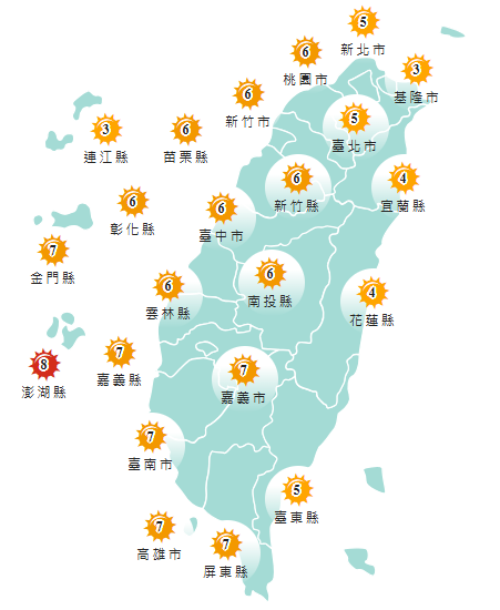 氣象署發布各地紫外線指數預報概況。 圖：氣象署提供