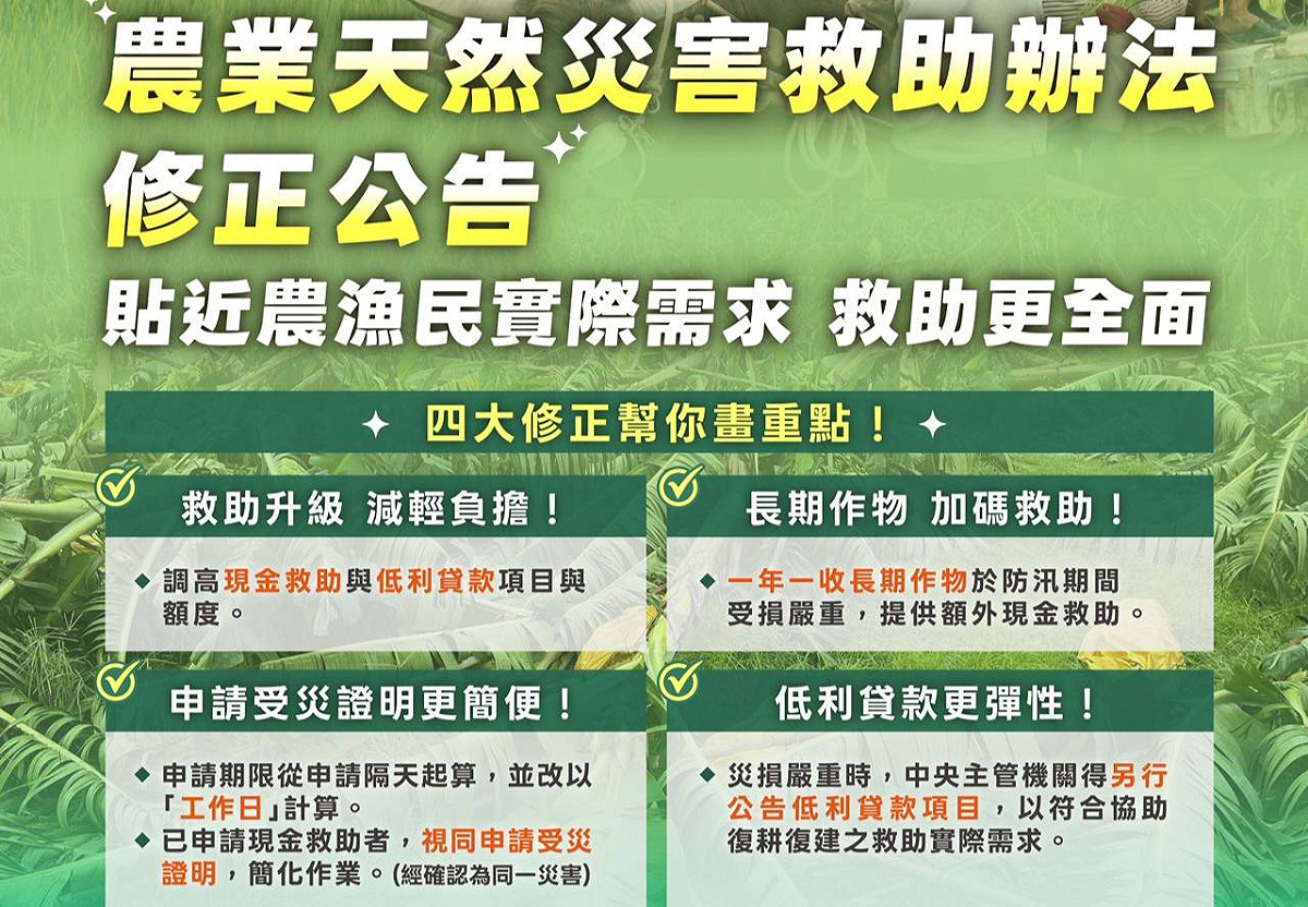農業部修正《農業天然災害救助辦法》，全面調整現金救助與貸款機制。 圖：邱議瑩服務處/提供