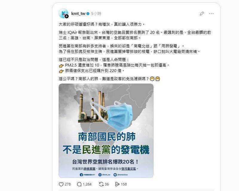 瑞士公司IQAir近日發布2025全球空氣品質報告，國民黨聲稱台灣「暴跌20名」，慘遭打臉。 圖：翻攝Threads