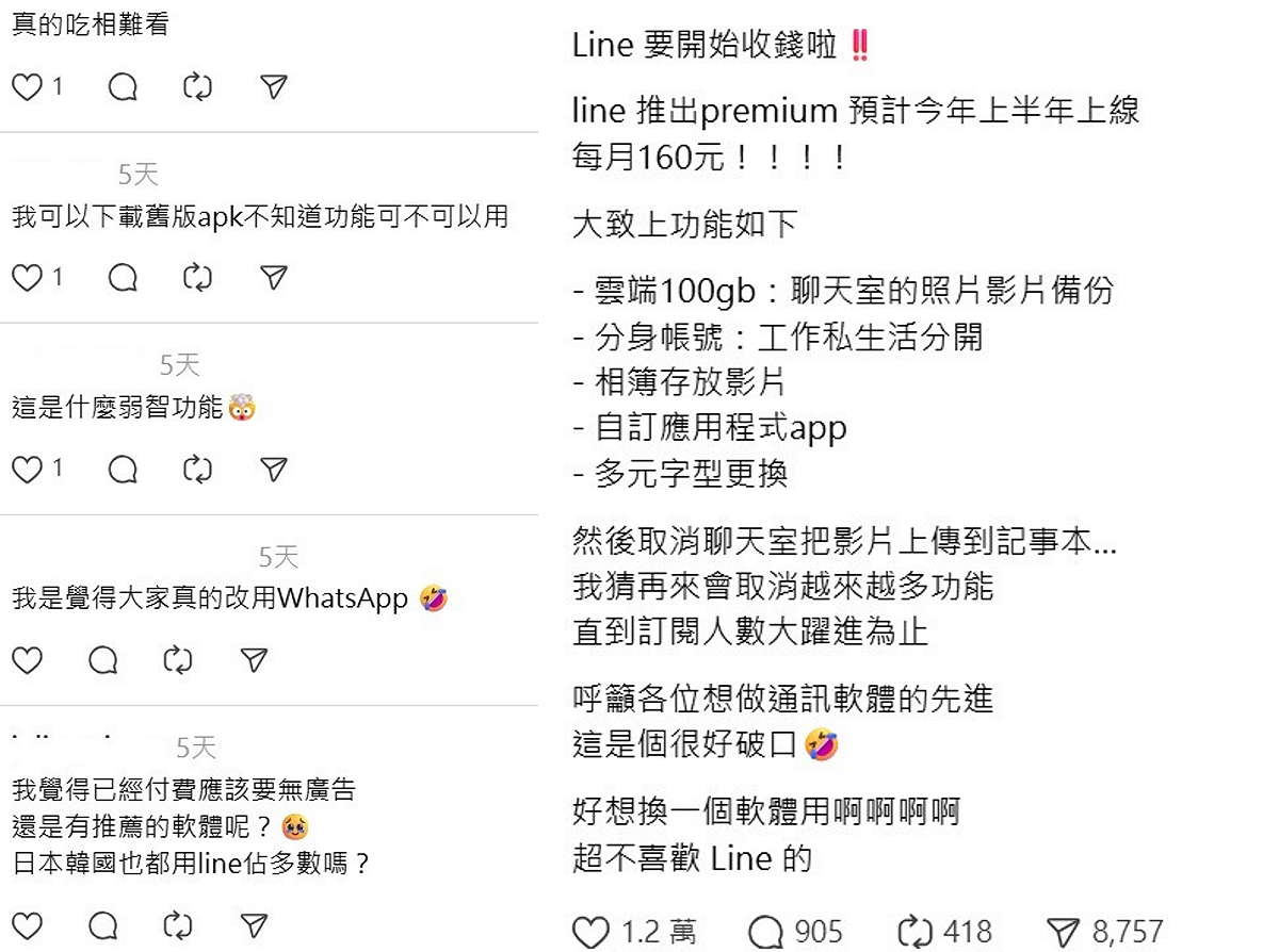 由於LINE收回的幾乎都是大家愛用的功能，因此等於強迫大家付費，引起不少用戶抱怨。 圖：翻攝自Threads