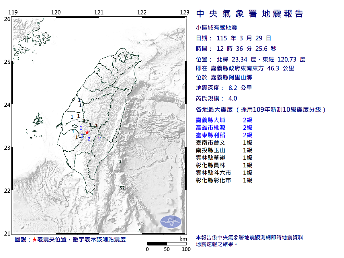 中午12時36分在嘉義縣阿里山鄉，又發生一起小區域的規模4地震，地震深度8.2公里。 圖：取自氣象署