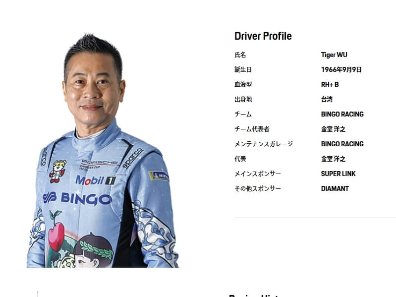 台灣車手Tiger Wu基本資料。（圖取自保時捷網頁porsche.co.jp）