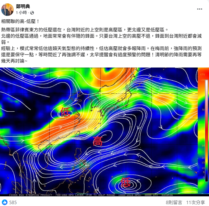 對於氣象預報估清明連假有強降雨，鄭明典認為目前台灣上空仍有高壓籠罩，導致北方鋒面南下時多會隨之減弱。 圖：翻攝自鄭明典臉書