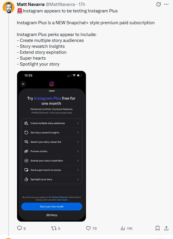 社群媒體顧問Matt Navarra於X分享截圖指出，Instagram Plus主要提供的新功能聚焦在「限時動態」，包含能夠預覽他人限時動態但不會留下紀錄等。 圖：翻攝自Matt Navarra X