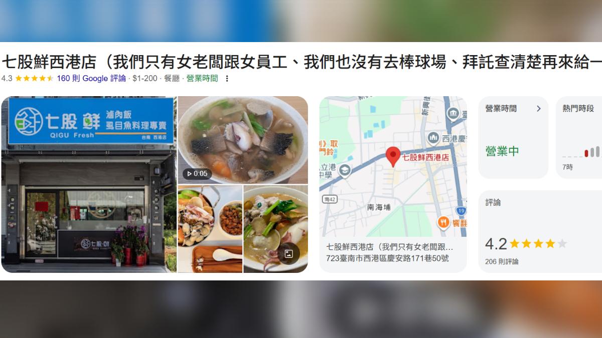 「七股鮮西港店」老闆娘崩潰改店名。 圖：翻攝自Google Map