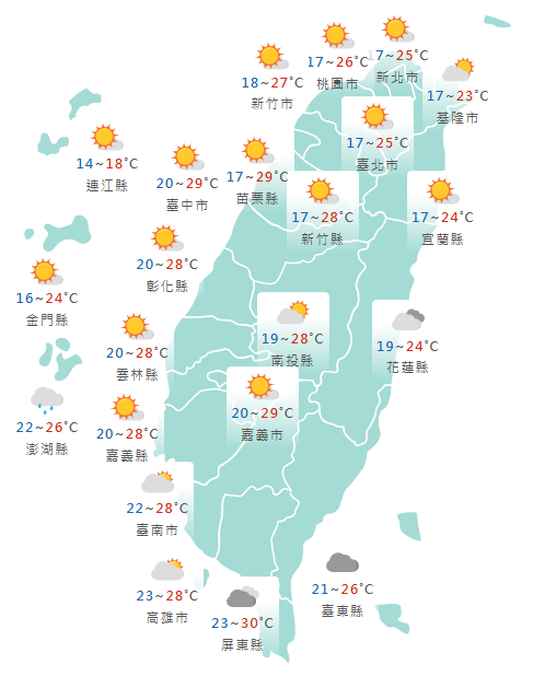 氣象署公布各地天氣預報概況。 圖：氣象署提供