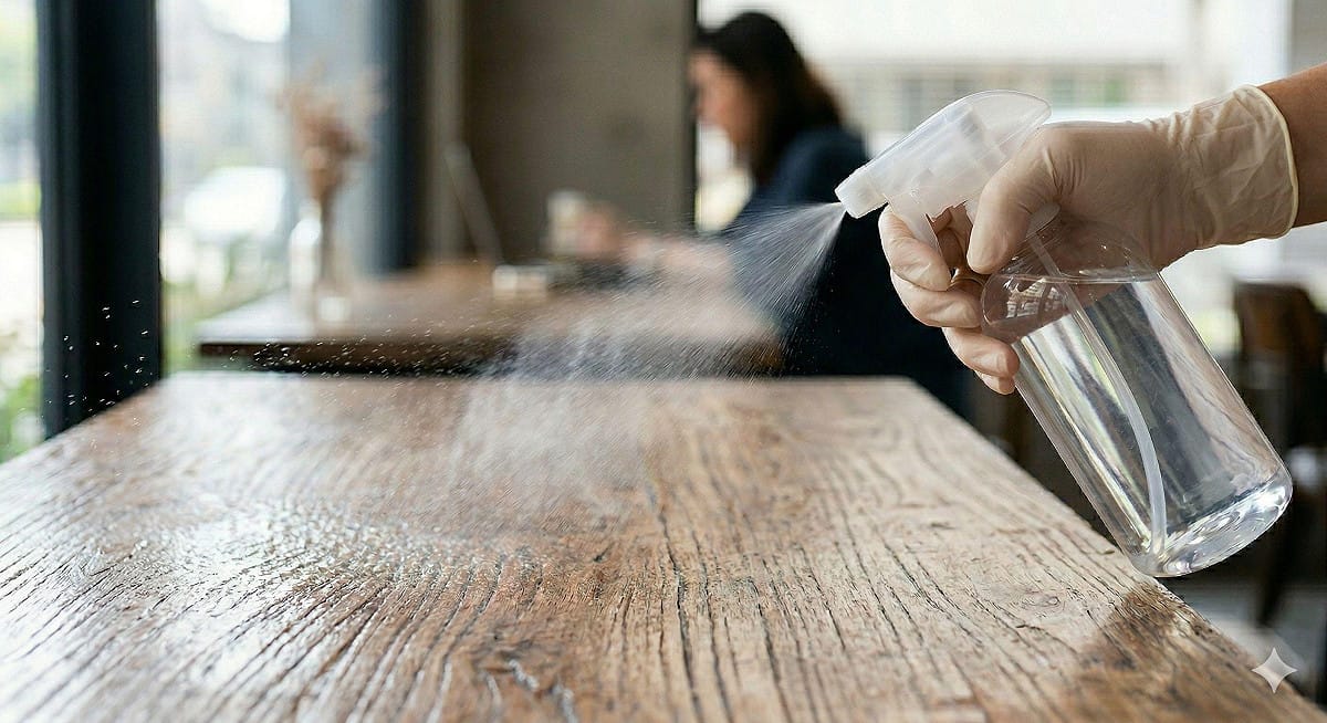 重症醫黃軒示警，大面積噴灑酒精恐引發吸入與火災風險；防護應重手部清潔，環境消毒須改以擦拭。 圖：Gemini_AI生成／曾郡秋　製
