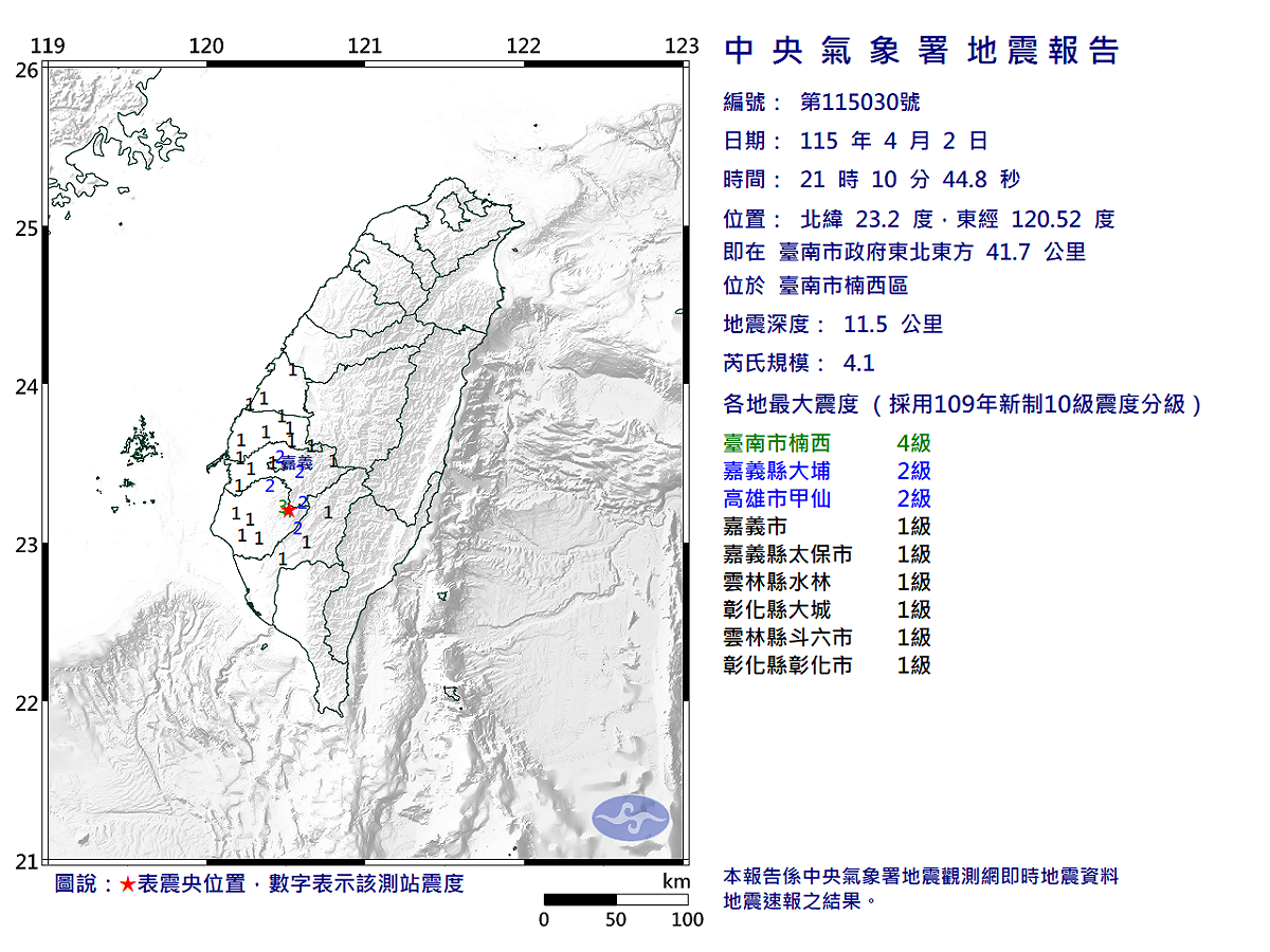 04/02-21:10臺南市楠西區發生規模4.1有感地震 圖：中央氣象署