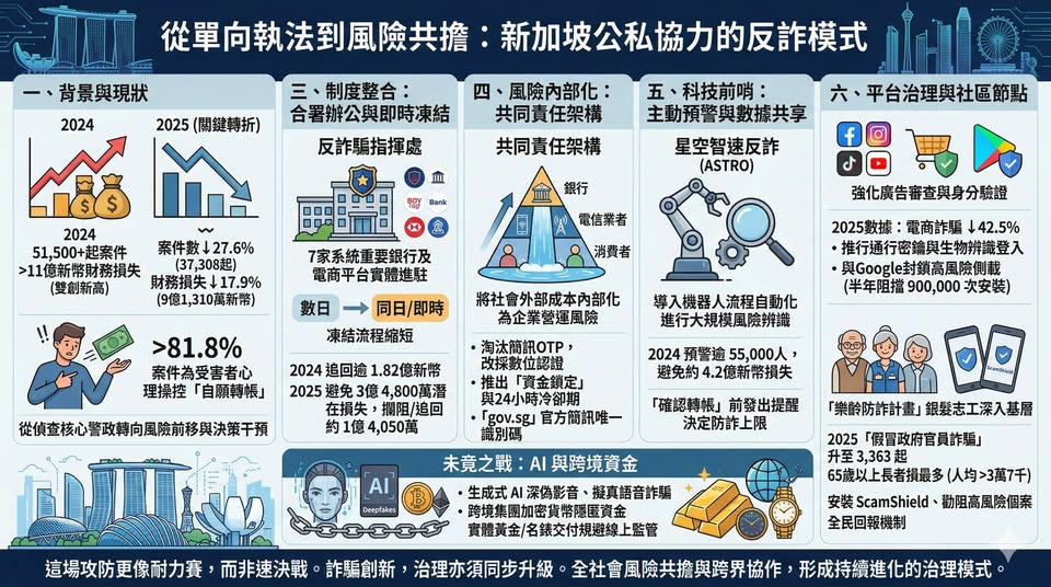 新加坡調整防詐戰略思維，從公部門單線主導，轉向整合警政、金融、科技平台與社區力量的公私協力架構。 圖/童振源臉書