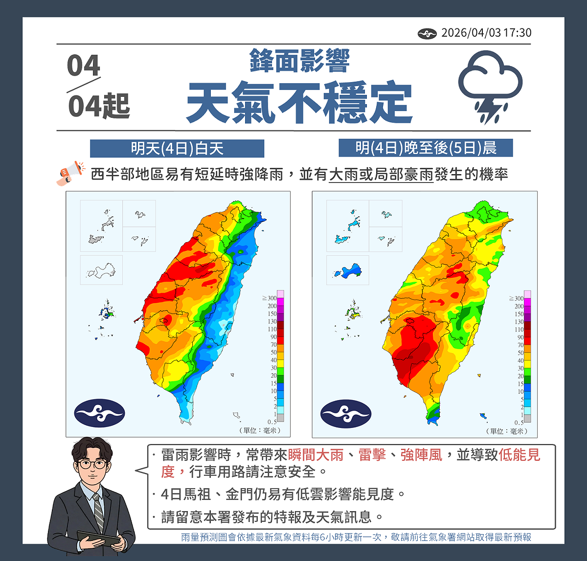 首波於明天至5日清晨是雨勢最強時段，西半部容易有強降雨。 圖：氣象署／提供