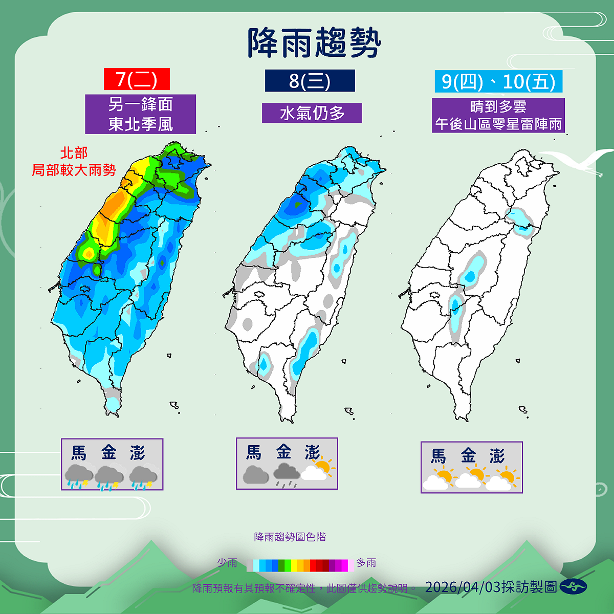 7日第二波鋒面開始影響，加上東北季風增強，降雨會再度明顯增多。 圖：氣象署／提供