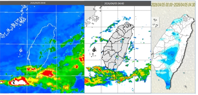 今(5日)晨4：40紅外線色調強化雲圖顯示，鋒面尾端雲系在臺灣南端(左圖)。4：40雷達回波合成圖顯示，尾端雲系伴隨降水回波(中圖)。4：30累積雨量圖顯示，各地雨勢減緩中(右圖)。 圖/「氣象應用推廣基金會」專欄