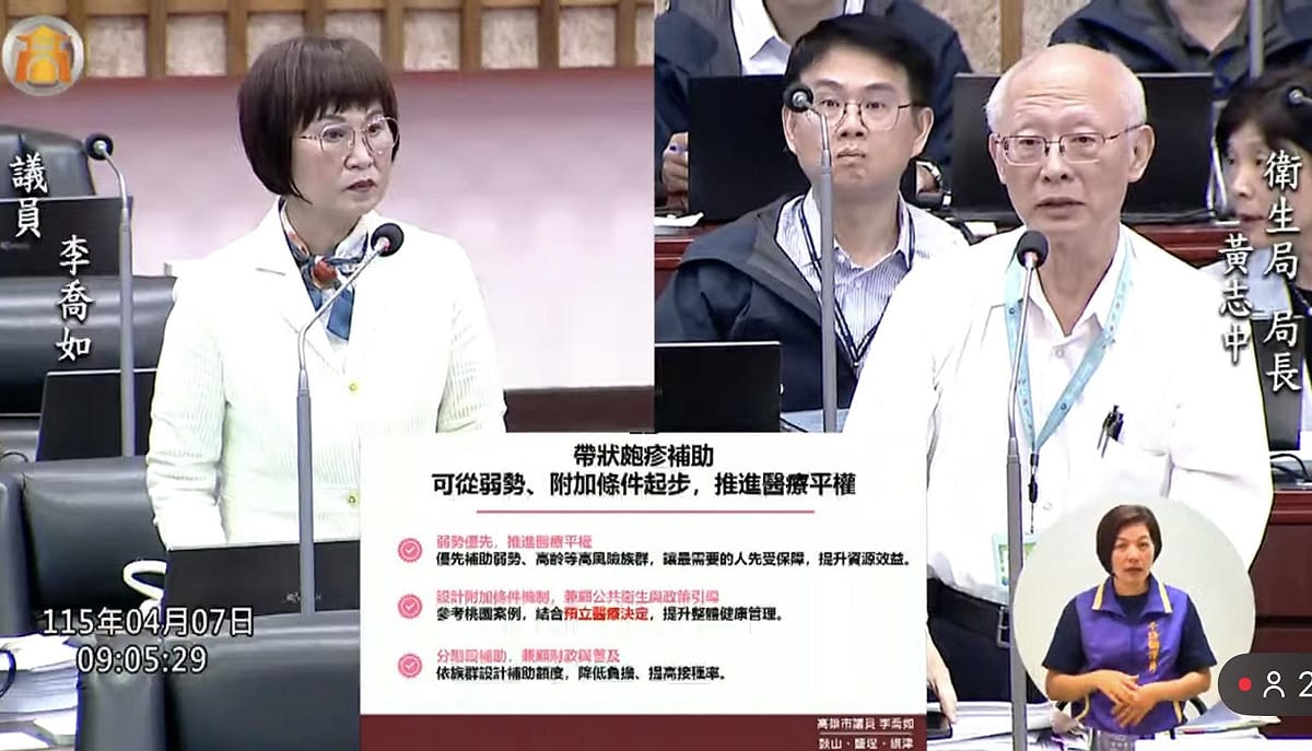 李喬如(左)在議會市政質詢中針對帶狀皰疹疫苗補助政策提出具體建議。 圖：李喬如服務處/提供
