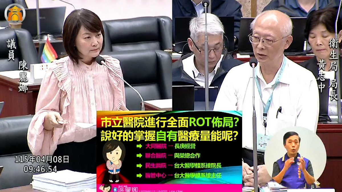 陳麗娜(左)質疑衛生局將高雄市立醫院全部採ROT委託經營，影響自有醫療量能掌握，局長黃志中(右)強調各醫院仍在公部門指揮體系下運作，未全面委外經營。 圖：陳麗娜服務處/提供