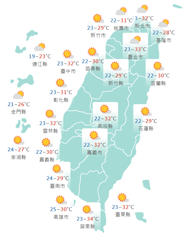 氣象署公布各地天氣預報概況。 圖：氣象署提供