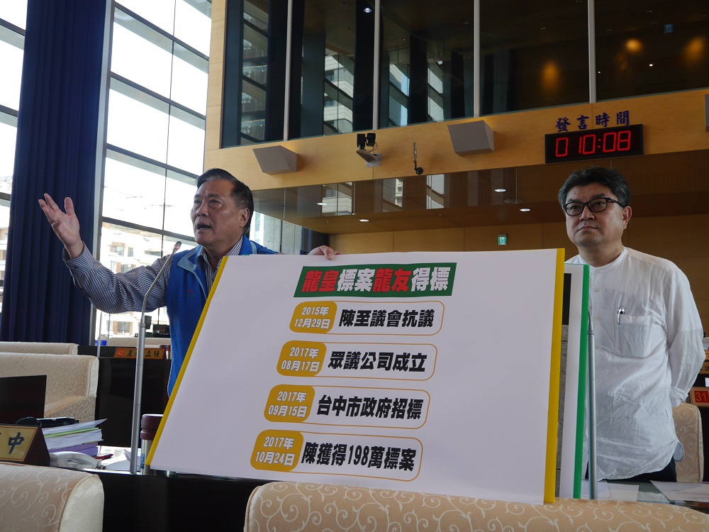 台中市議員楊正中（左）、李中質疑市府參與式預算標案是「肥水不落外人田。 台中市議會國民黨團/提供