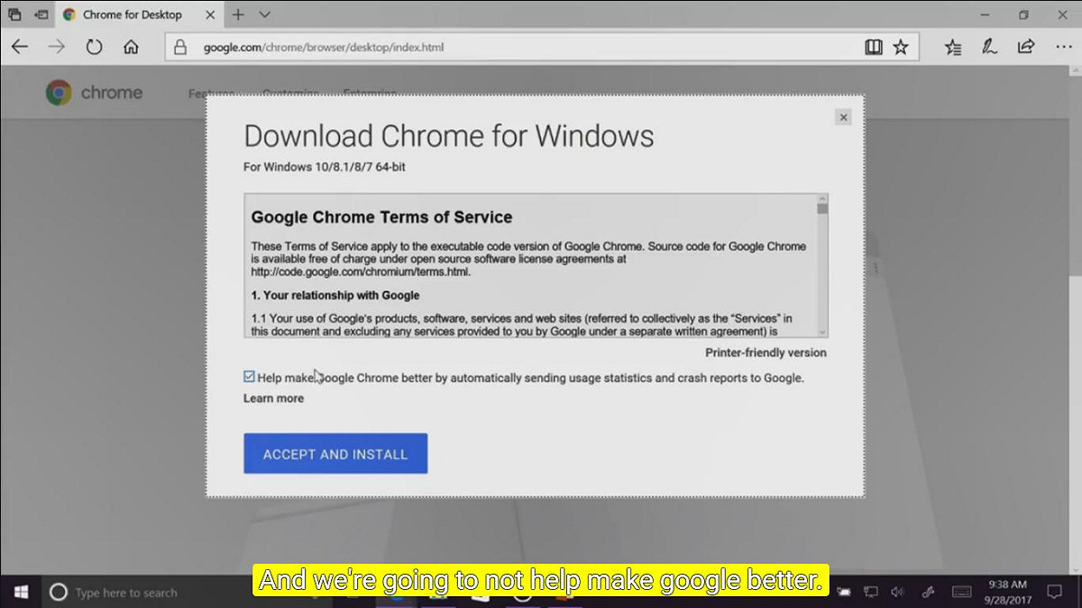 無奈安裝Chrome的畫面。 圖：翻攝自Microsoft Ignite YouTube