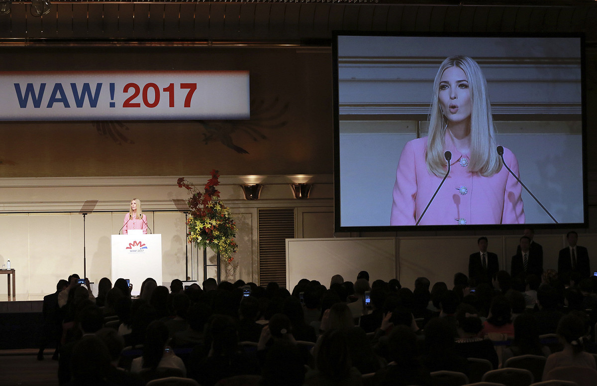 美國第一千金伊凡卡．川普（Ivanka Trump）今天在東京發表演說，表示對女性的性騷擾「絕對不該容許」，並呼籲在職場應更尊重女性。
 圖：達志影像/美聯社