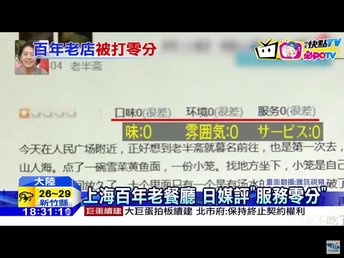 其中一位顧客甚至在「環境」、「服務」、「口味」等三個評比項目全部給了零分，宣稱該店有愧於百年老店的聲譽。 圖：翻攝自Youtube