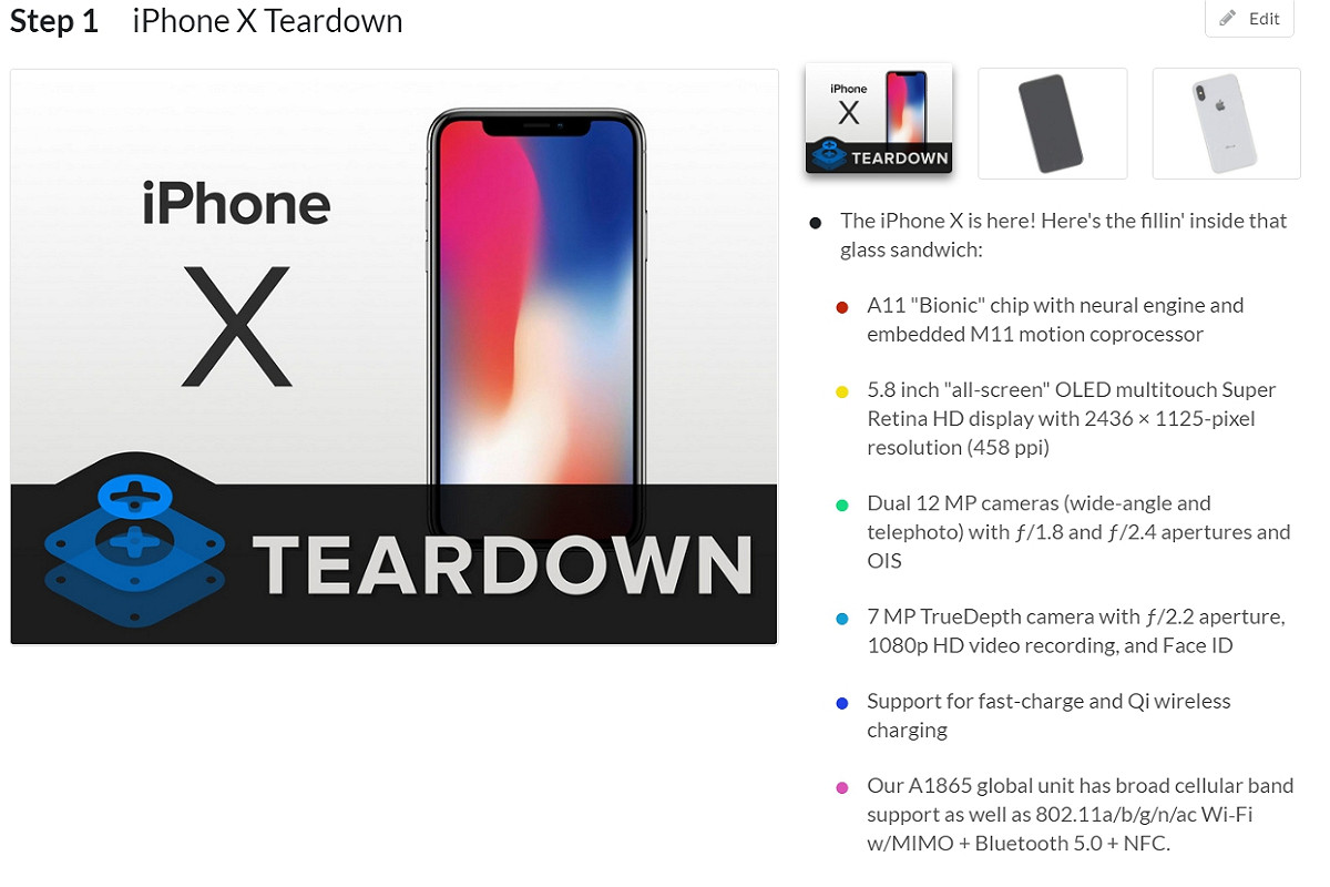 iPhone X內部有兩顆電池，使得電池容量約有2716mAh，至於無線充電的部分則由博通（Broadcom）提供控制器和功率放大器模組，內建3GB儲存容量的LPDDR4 RAM記憶體，由韓國SK海力士（SK Hynix）供應，而快閃記憶體則是由日本東芝（Toshiba）提供。 圖：翻攝自 ifixit