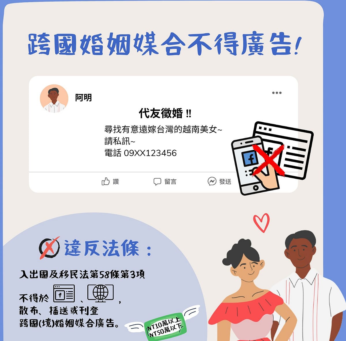 移民署表示，依據入出國及移民法規定，跨國（境）婚姻媒合不得廣告，違者將裁罰新台幣10萬元以上，50萬元以下的罰鍰。 圖：移民署提供