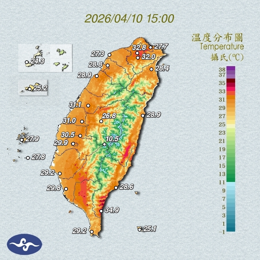 由於南方氣團偏強，加上環境水氣少，今(10)日由南到北天氣炎熱。 圖：翻攝自氣象署