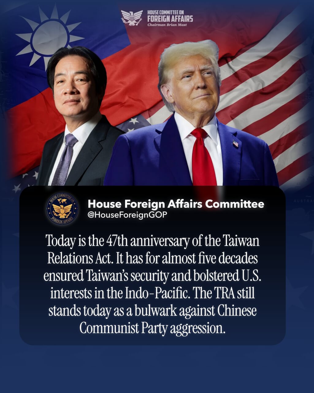 10日是台灣關係法立法47週年，美國眾議院外交委員會共和黨團特別在社群平台X發文紀念。 圖取自x.com/HouseForeignGOP