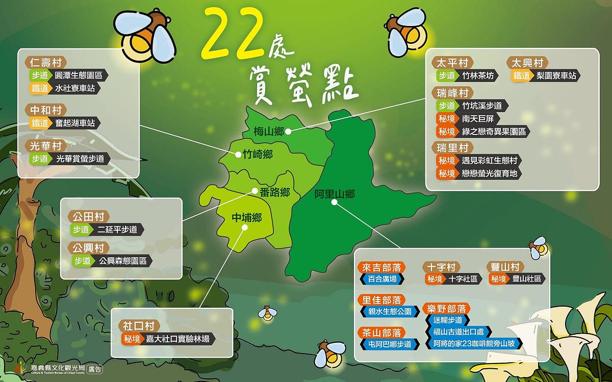 嘉義山區處處可賞螢，賞螢地點可區分四大類，步道賞螢、部落賞螢、秘境賞螢及鐵道賞螢。 圖：嘉義縣政府／提供