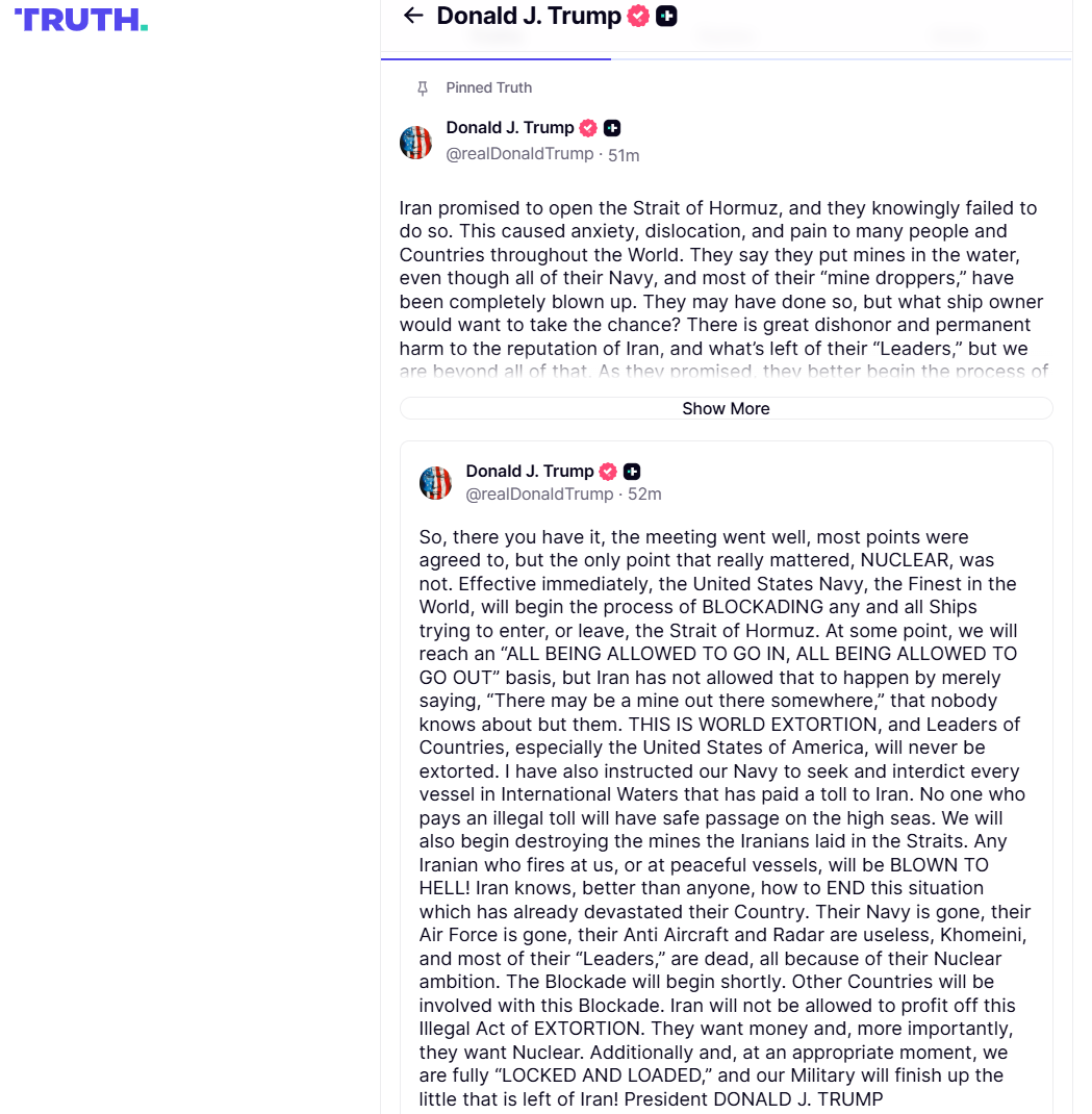 川普稱美軍開始封鎖荷姆茲海峽。 圖:翻攝自社群平台 Truth Social