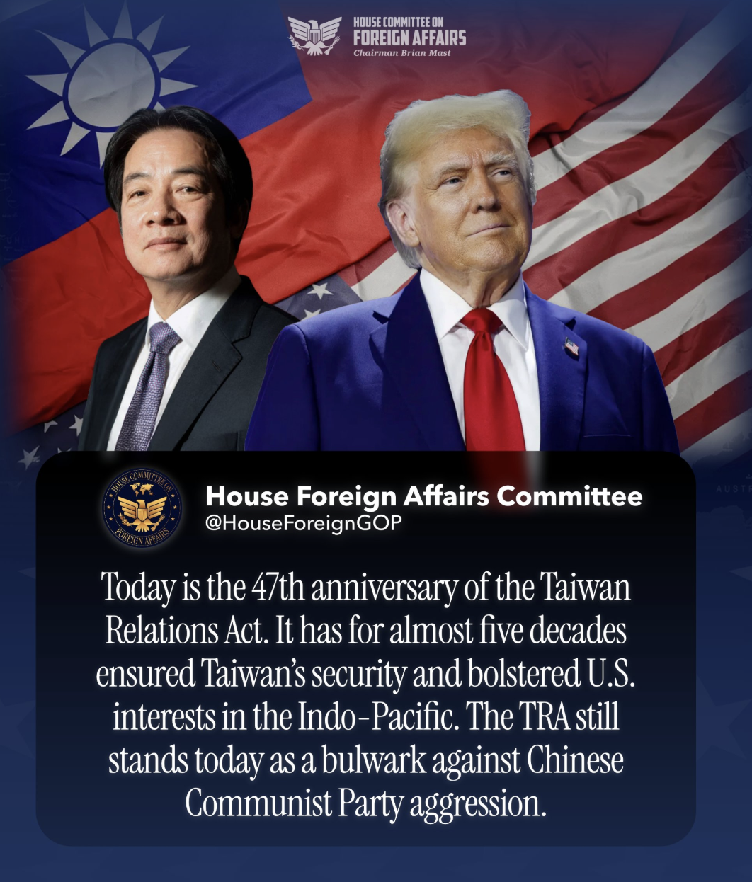 美國聯邦眾議院外交委員會共和黨團發文慶祝台灣關係法立法47週年，並附上美國總統川普（Donald Trump）與總統賴清德同框的合成照。 圖：翻攝自美國聯邦眾議院外交委員會共和黨團的X（示意圖）