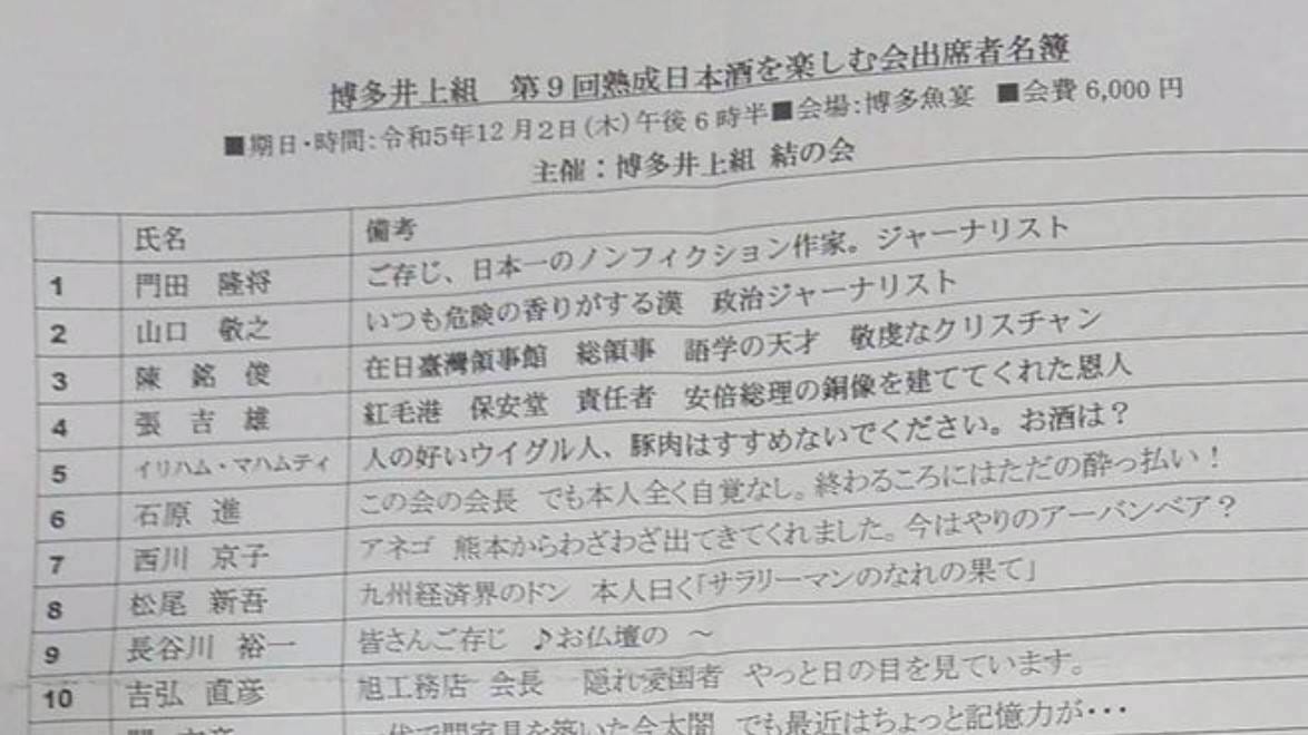 張吉雄出席日本地方人士的餐會，在貴賓名單上備註為紅毛港保安堂負責人、建立安倍銅像的恩人。 圖：張吉雄/提供